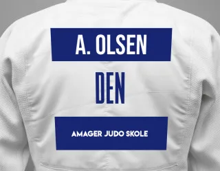 Judo GI with a backnumber showing the name Alexander Olsen from Amager Judo Skole