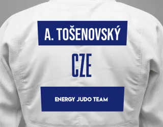 Judo GI with a backnumber showing the name Alexandr Tošenovský from ENERGY JUDO TEAM