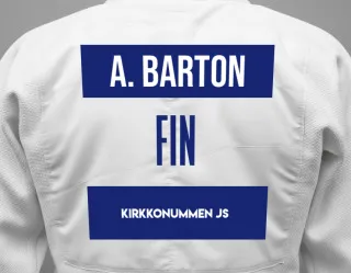 Judo GI with a backnumber showing the name Alexandra Barton from Kirkkonummen JS