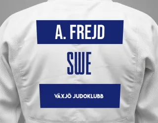 Judo GI with a backnumber showing the name Alfred Frejd from Växjö Judoklubb