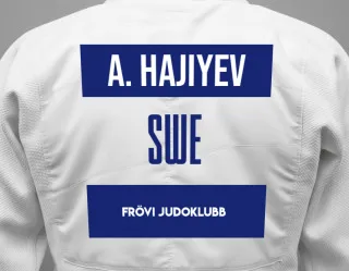 Judo GI with a backnumber showing the name Ali Hajiyev from Frövi Judoklubb