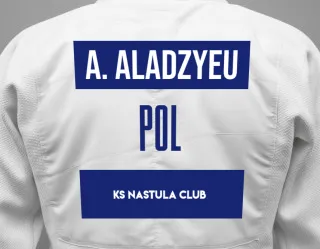 Judo GI with a backnumber showing the name Aliaksei Aladzyeu from KS NASTULA CLUB