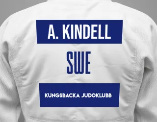 Judo GI with a backnumber showing the name Allan Kindell from Kungsbacka Judoklubb