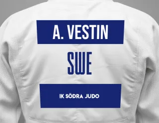 Judo GI with a backnumber showing the name Alvin Vestin from IK Södra Judo