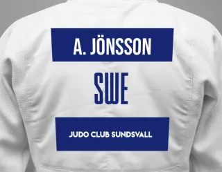 Judo GI with a backnumber showing the name Amanda Jönsson from Judo Club Sundsvall