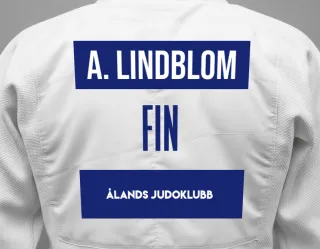 Judo GI with a backnumber showing the name Amanda Lindblom from Ålands Judoklubb