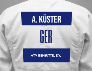 Judo GI with a backnumber showing the name Amani Küster from MTV Isenbüttel e.V.