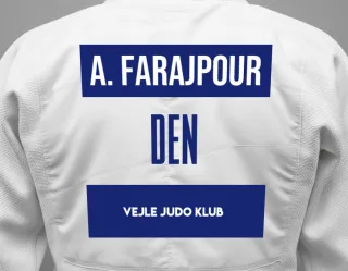 Judo GI with a backnumber showing the name Amanj Farajpour from Vejle Judo Klub
