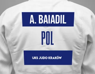 Judo GI with a backnumber showing the name Amanzol Baiadil from UKS Judo Kraków 