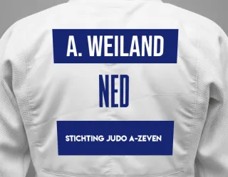 Judo GI with a backnumber showing the name Amber Weiland from Stichting Judo A-Zeven