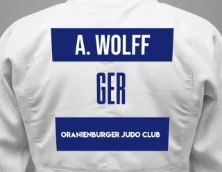 Judo GI with a backnumber showing the name Amelie Wolff from Oranienburger Judo Club