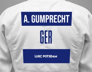 Judo GI with a backnumber showing the name Amely Gumprecht from UJKC Potsdam