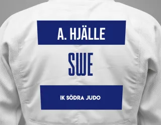 Judo GI with a backnumber showing the name Amias Hjälle from IK Södra Judo