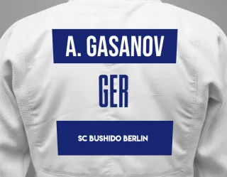 Judo GI with a backnumber showing the name Amir  Gasanov from SC Bushido Berlin