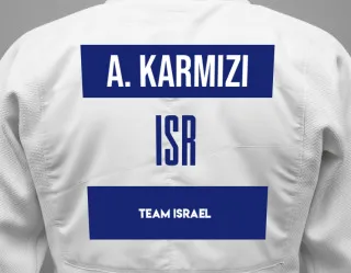 Judo GI with a backnumber showing the name Amit Karmizi from Team Israel