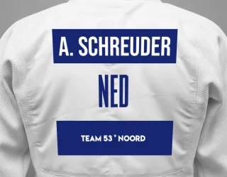 Judo GI with a backnumber showing the name Anas Schreuder from Team 53 ° Noord