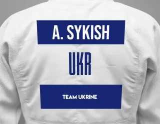 Judo GI with a backnumber showing the name Anastasiia Sykish from Team Ukrine