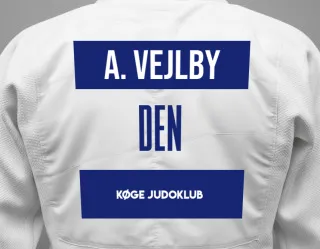 Judo GI with a backnumber showing the name Anders Vejlby from Køge Judoklub