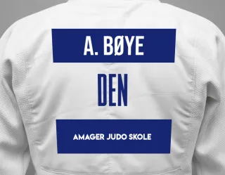 Judo GI with a backnumber showing the name Andreas Bøye from Amager Judo Skole
