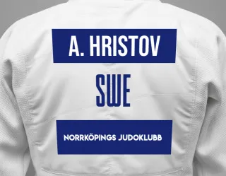 Judo GI with a backnumber showing the name Andrej Hristov from Norrköpings Judoklubb