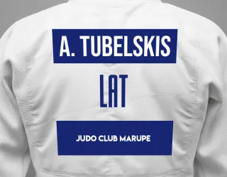 Judo GI with a backnumber showing the name Andrejs Tubelskis from Judo club Marupe