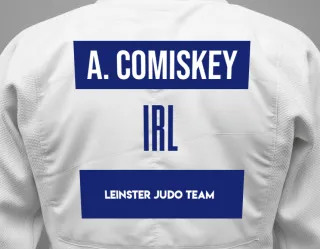 Judo GI with a backnumber showing the name Andrew Comiskey from Leinster Judo Team