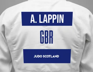 Judo GI with a backnumber showing the name Andrew Lappin from Judo Scotland