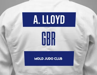 Judo GI with a backnumber showing the name Andrew Lloyd from Mold Judo Club