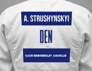 Judo GI with a backnumber showing the name Andrii Strushynskyi from Kauri Brønderslev Judoklub