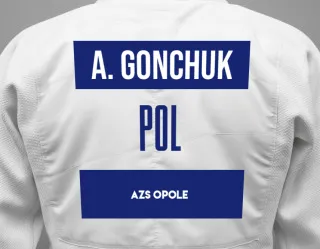 Judo GI with a backnumber showing the name Andrij Gonchuk from AZS Opole