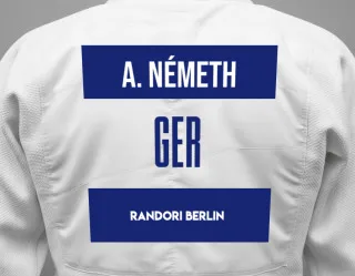 Judo GI with a backnumber showing the name András Németh from Randori Berlin