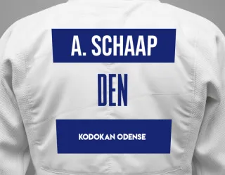 Judo GI with a backnumber showing the name Ane Schaap from Kodokan Odense