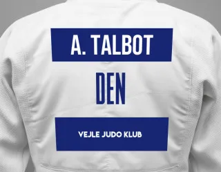 Judo GI with a backnumber showing the name Angela Talbot from Vejle Judo Klub