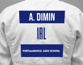 Judo GI with a backnumber showing the name Anna Dimin from Portmarnock Judo School