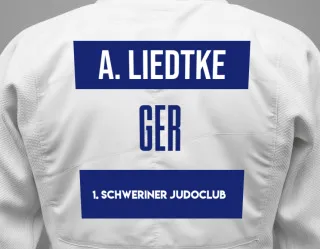 Judo GI with a backnumber showing the name Anna Liedtke from 1. Schweriner Judoclub