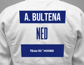 Judo GI with a backnumber showing the name Annelie Bultena from Team 53 ° Noord