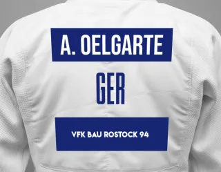 Judo GI with a backnumber showing the name Annica Oelgarte from VfK Bau Rostock 94