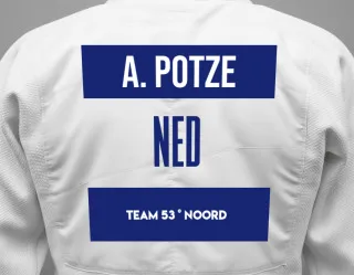 Judo GI with a backnumber showing the name Anniek Potze from Team 53 ° Noord