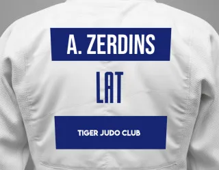 Judo GI with a backnumber showing the name Anrijs Zerdins from Tiger Judo Club
