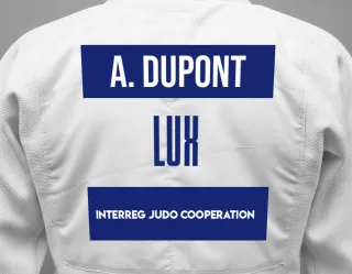 Judo GI with a backnumber showing the name Antoine Dupont from Interreg Judo Cooperation