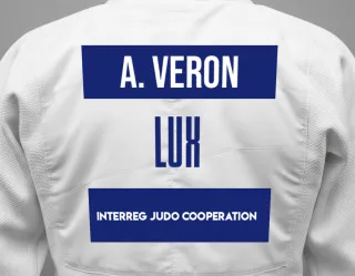 Judo GI with a backnumber showing the name Antoine Veron from Interreg Judo Cooperation