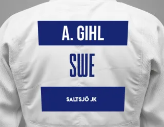 Judo GI with a backnumber showing the name Anton Gihl from Saltsjö JK