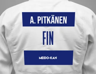 Judo GI with a backnumber showing the name Anton Pitkänen from Meido-Kan