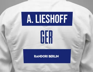 Judo GI with a backnumber showing the name Antonia Lieshoff from Randori Berlin