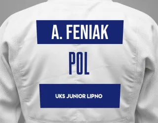 Judo GI with a backnumber showing the name Antonina Feniak from UKS JUNIOR LIPNO