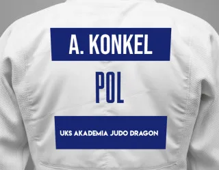 Judo GI with a backnumber showing the name Antonina Konkel from UKS Akademia Judo Dragon