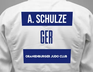 Judo GI with a backnumber showing the name Araliya Schulze from Oranienburger Judo Club