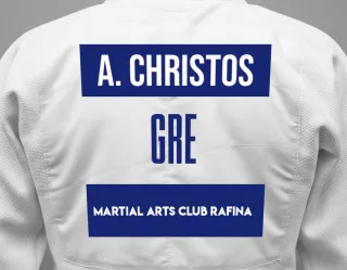 Judo GI with a backnumber showing the name Arampatzis Christos from Martial Arts Club Rafina