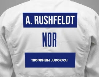 Judo GI with a backnumber showing the name Ariane Rushfeldt from Trondheim Judokwai