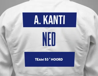 Judo GI with a backnumber showing the name Arif Kanti from Team 53 ° Noord
